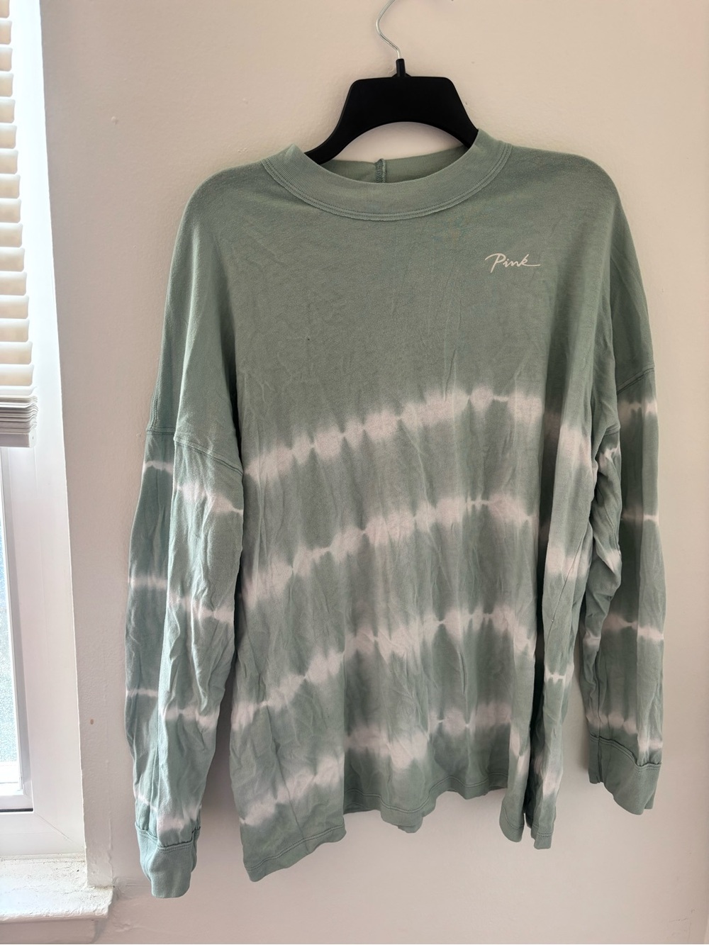 PINK Victoria's Secret Sage Green and White Tie-Dye Crewneck Sweater